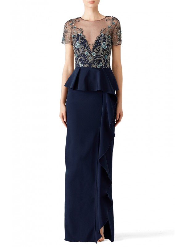 Navy Lace Ruffle Gown