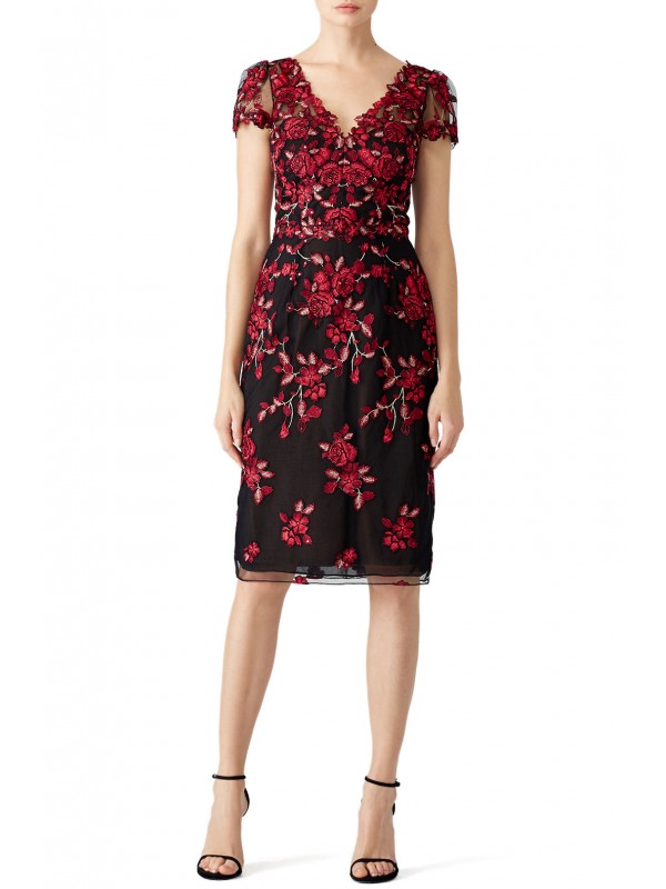 Red Floral Embroidered Sheath