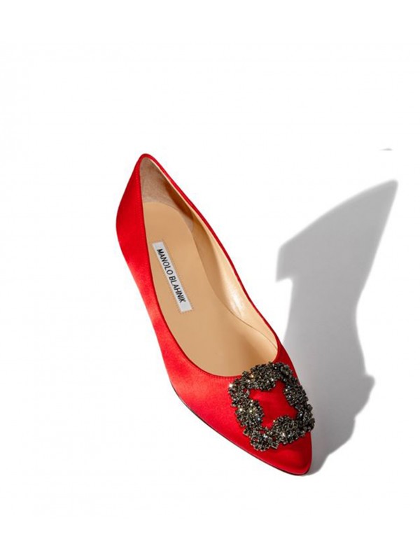 MANOLO HANGISI FLAT Red Satin Jewel Buckled Flats