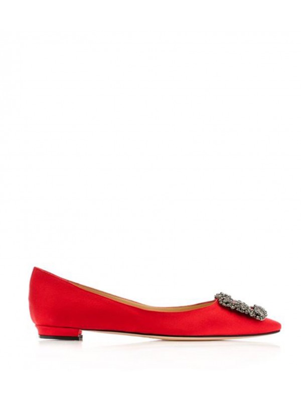 MANOLO HANGISI FLAT Red Satin Jewel Buckled Flats