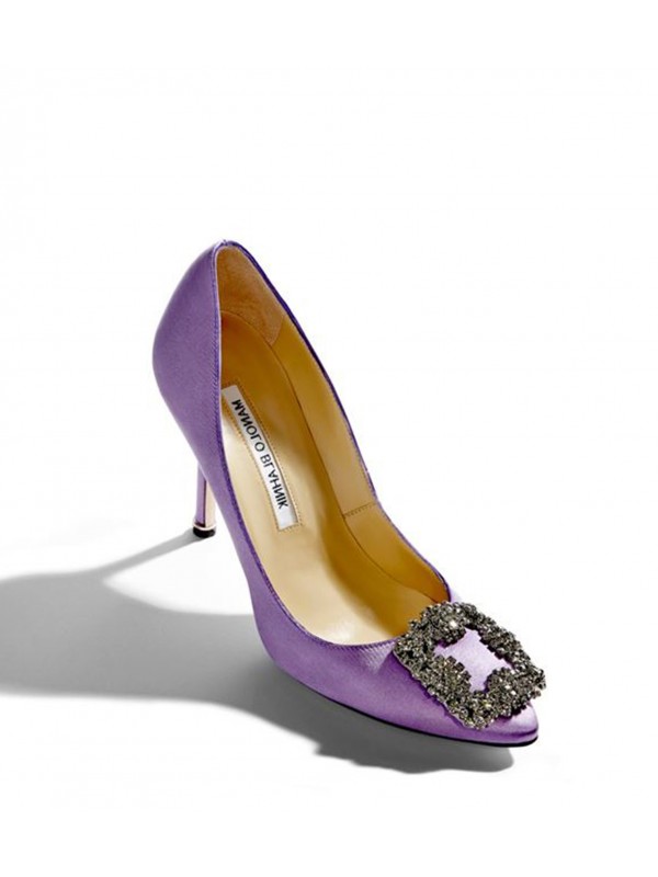 MANOLO HANGISI Lilac Satin Jewel Buckled Pumps