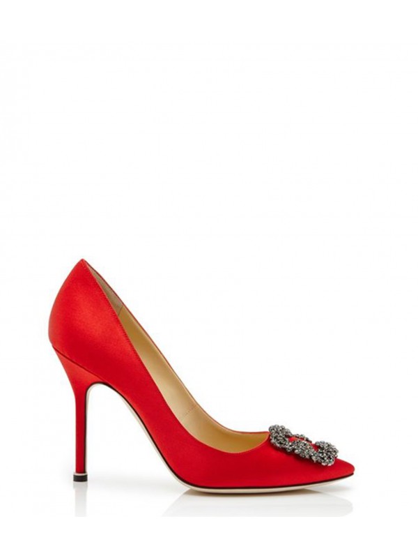 MANOLO HANGISI Red Satin Jewel Buckled Pumps